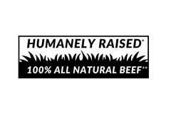 Sticker with 'Humanely Raised 100% All Natural Beef' text on a white background