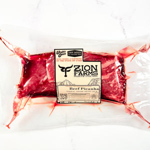 Zion Farms beef picanha packaging on a white background