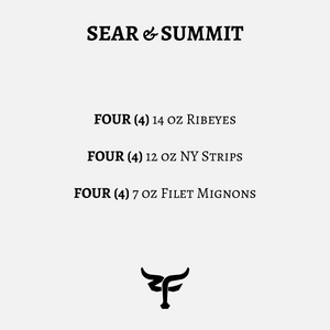 Sear & Summit steak selection list with weights and types of steaks on a white background.