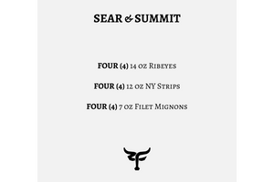 Sear & Summit steak selection list with weights and types of steaks on a white background.