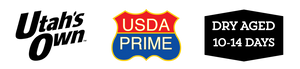 Three logos: 'Utah's Own', 'USDA Prime', and 'Dry Aged 10-14 Days' on a white background.