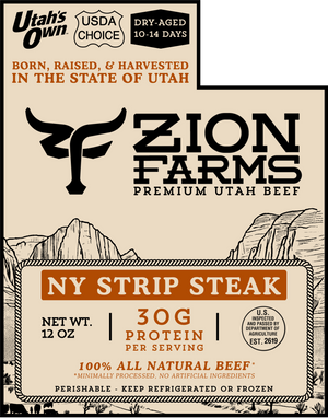Zion Farms NY Strip Steak packaging with branding and product details.