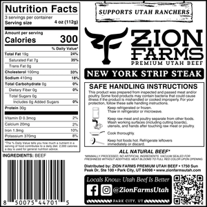Zion Farms premium Utah beef New York strip steak label with nutrition facts and handling instructions.