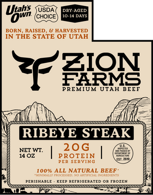 Zion Farms ribeye steak packaging with mountain design and beef branding.
