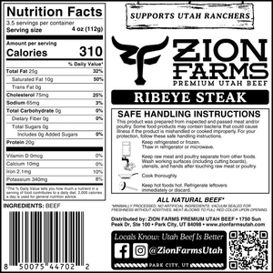Zion Farms ribeye steak label with nutrition facts and safety instructions.