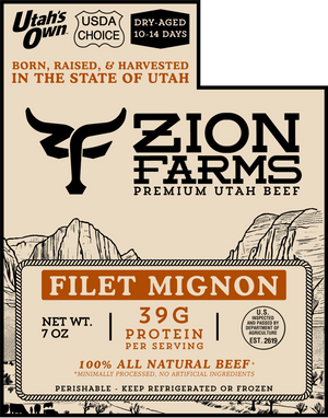 Zion Farms Filet Mignon beef package with mountain design and branding details.