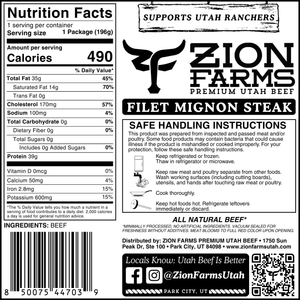 Zion Farms filet mignon steak label with nutrition facts and safety instructions.