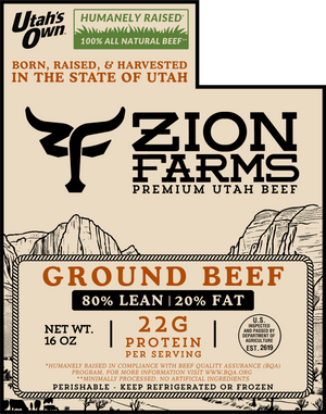 Zion Farms ground beef package with branding and product details.