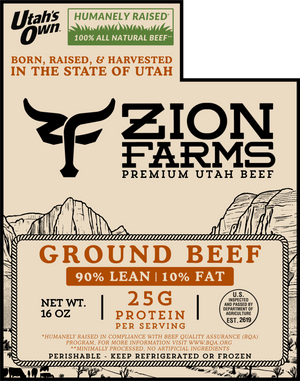 Zion Farms ground beef package with branding and product details.