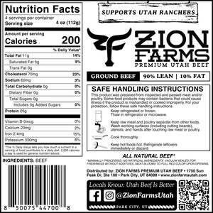 Zion Farms ground beef label with nutrition facts and safety instructions.