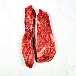 Two pieces of raw red meat on a white background