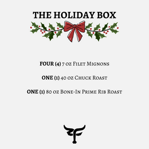 Product description card for 'The Holiday Box' with festive design elements. Zion Farms