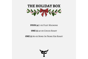 Product description card for 'The Holiday Box' with festive design elements. Zion Farms