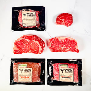 Zion Farms beef products including steaks and ground beef on a white background