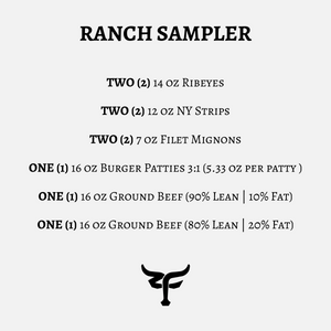 Product label for a ranch sampler with beef and burger patty details on a white background.