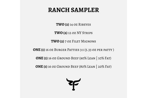 Product label for a ranch sampler with beef and burger patty details on a white background.
